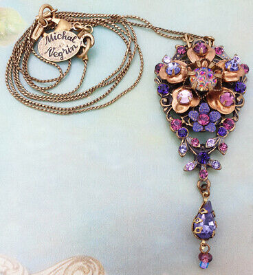 Michal Negrin Purple Necklace Floral Crystals Drop Pendant Rhinestones Victorian