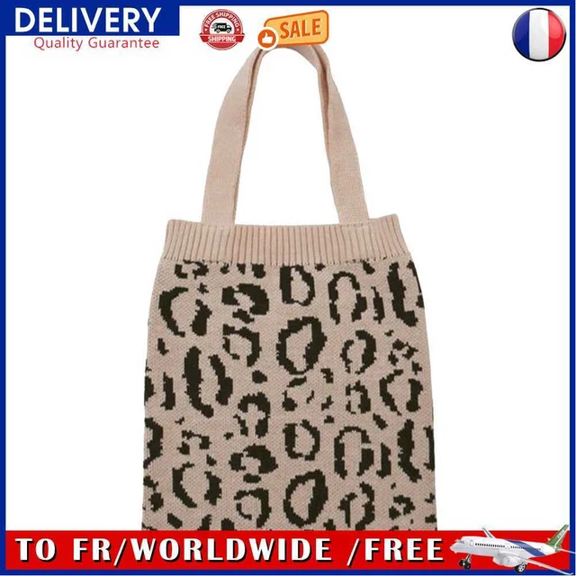 Knitted Shoulder Handbag Retro Women Leopard Printed Top-handle Bag (Grey)