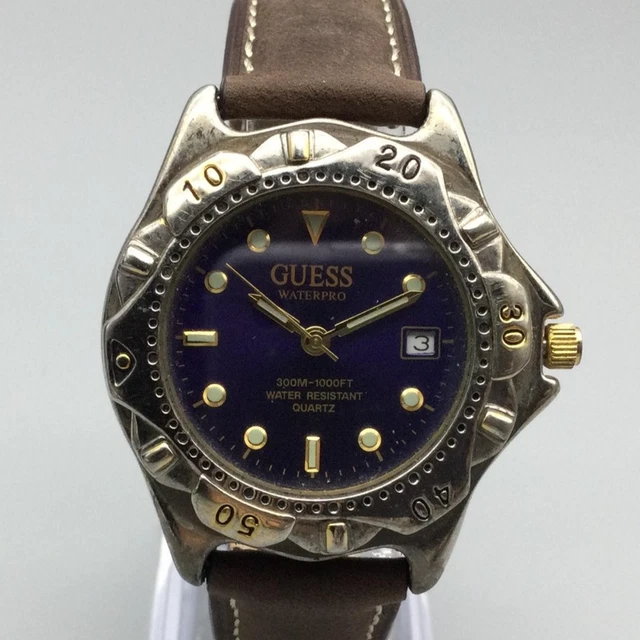 VINTAGE GUESS WATERPRO Watch Mens 40mm Blue Dial 300M Date Leather