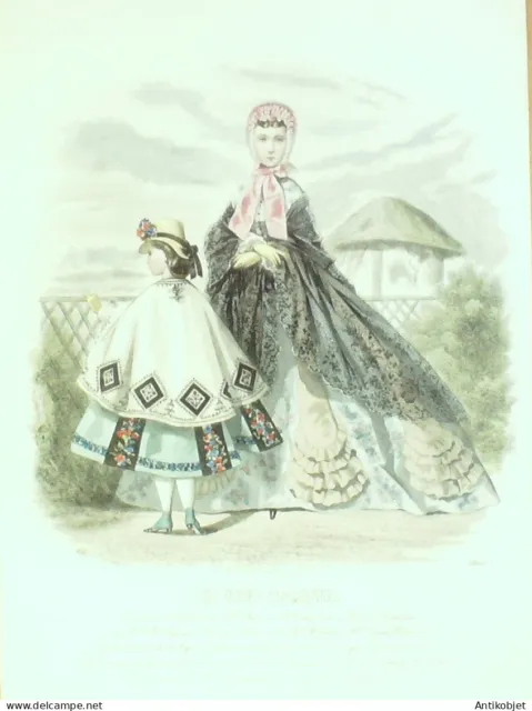 Gravure Modes parisiennes 1863 n°1060 Costume d'enfant mantelet robe perkale
