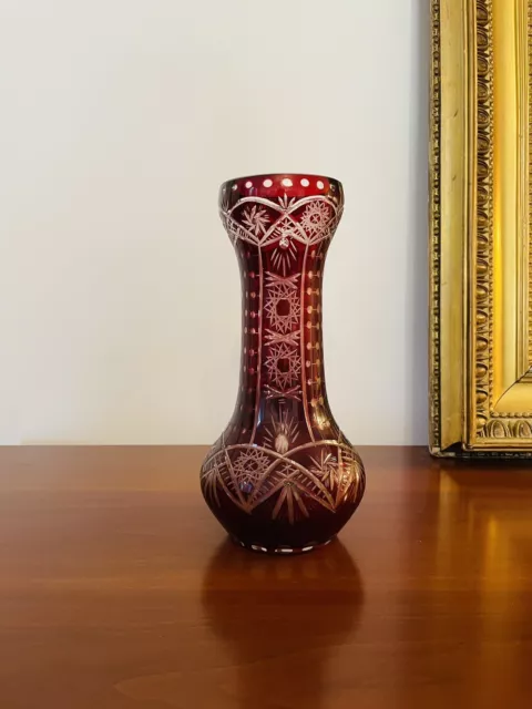 Magnifique ancien GRAND VASE rouge rubis en CRISTAL DE BOHEME 25 Cm