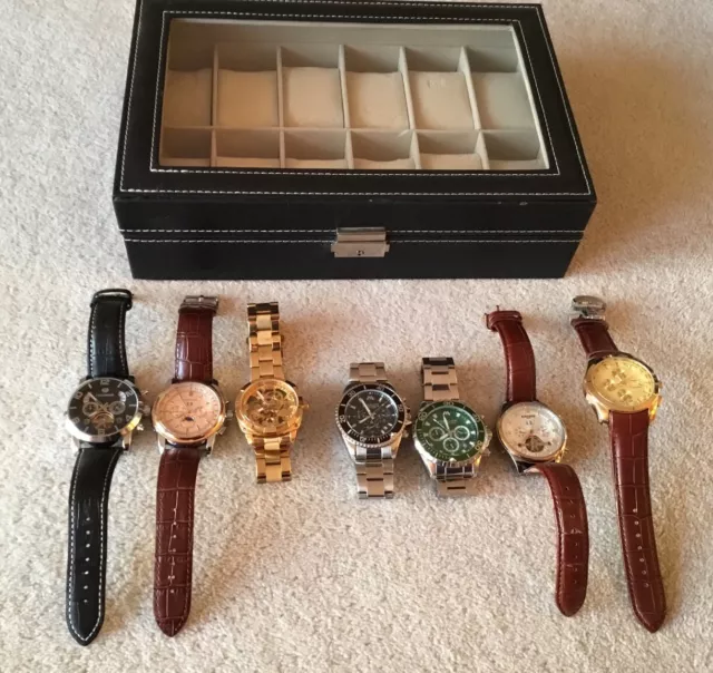 Job Lot Of 7 Men’s Watches And Watch Case, All Watches In Working Condition