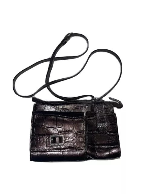 Brighton Crossbody Organizer Purse Bag Black Brown Croc Embossed Leather Small