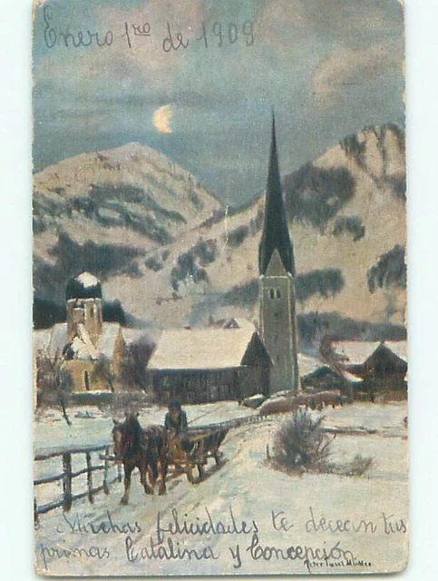 Pre-Linen foreign signed HORSE-DRAWN SLEIGH GOING HOME FROM CHURCH k6554