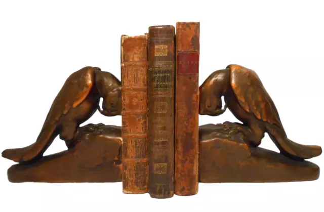 Armor Clad Early 20Th C 1930'S Vintage Pair Copper Clad Plaster, Parrot Bookends