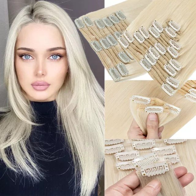 Extra THICK Double Weft Clip In Remy Human Hair Extensions 8PCS Full Head Blonde