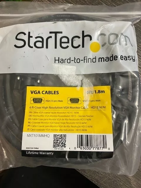 Startech 6 Ft Coax High Resolution Vga Monitor Cable-Hd15 M/M - Mxt101Mmhq - New