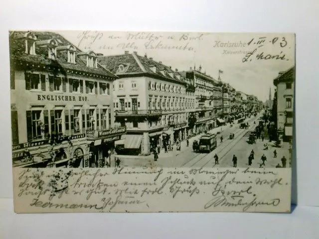 Karlsruhe. Kaiserstrasse. Alte Ansichtskarte / Lithographie s/w, gel. 1903. Stra