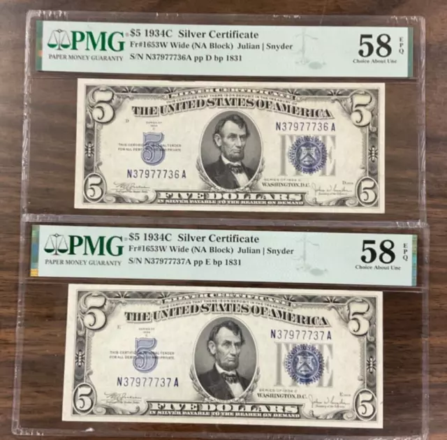 2 consecutive 1934C $5 Silver Certificate Fr#1653W Wide (NA Block) PMG 58 EPQ