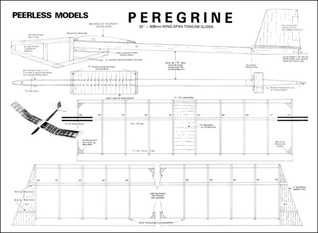 Peerless Peregrine Free Flight Towline Glider Model Plan 33" Span