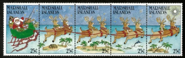 Marshall Islands 1988 - Christmas Santa Reindeers - Strip of 5 - Sc 199a - MNH