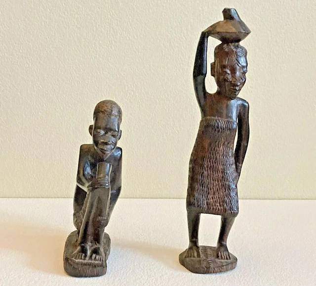 Vintage African Makonde Man &  Woman with Pot Hand Carved Ebony Wood Figures