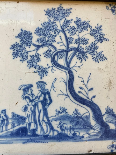 RARE! ANTIQUE 17th CENTURY DUTCH DELFT TILE couple under tree sheperd romance 2