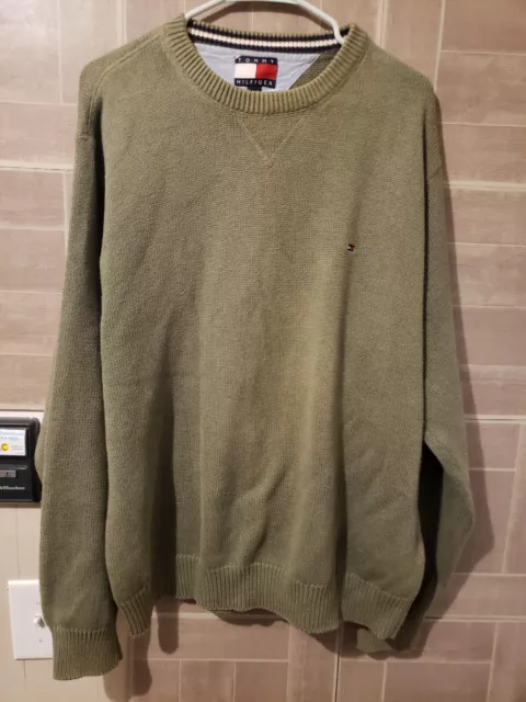 Tommy Hilfiger Sweater Men's XL Green/Brown Heavy Knit Crew Neck