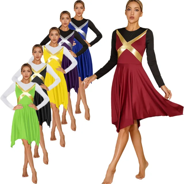 Damen Patchwork Tanzkleid unregelmäßiger Saum Tanzbekleidung langärmelige Kleider 3