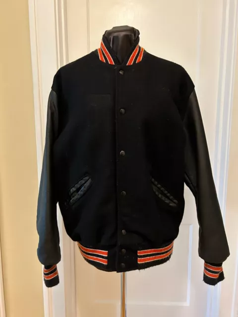DeLong Wool Leather Varsity Snap Letterman Jacket Vintage Black Size Small