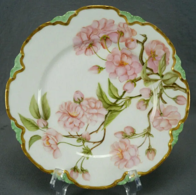 Haviland Limoges Hand Painted Pink Peony Flowers Green & Gold 8 1/2 Inch Plate