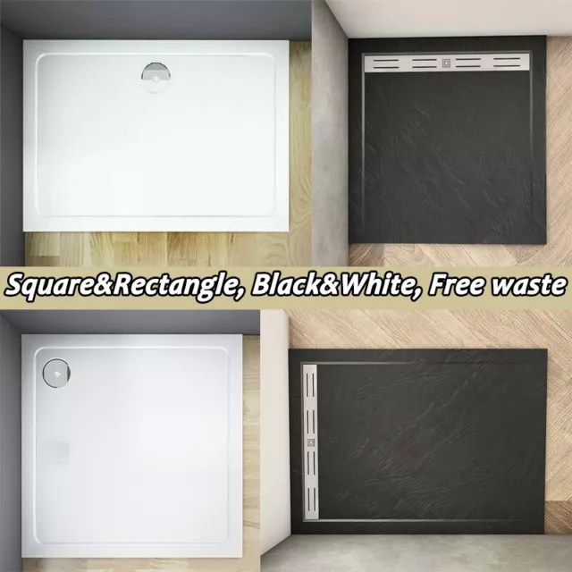 Stone Shower Tray White/Black, Square/ Rectangle, Waste&Drain Trap Walk Bathroom