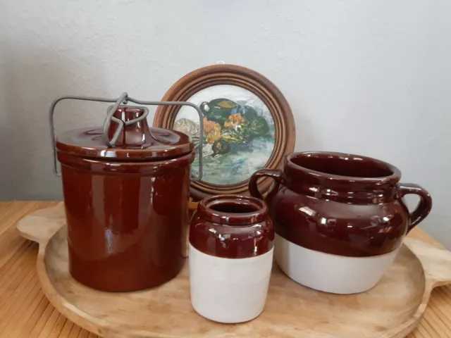 Ceramic Cheese Crock Large Jar Lid Wire Brown stoneware Vintage kitchen canister