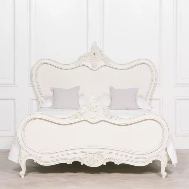 French Chateau Rochelle 4ft6 Double Size Hand Carved Off White Painted Bed