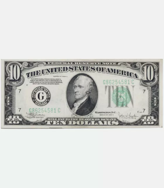 1934 USA 10 Dollar Federal Reserve Note US Banknote Bill, GREEN Seal, XF