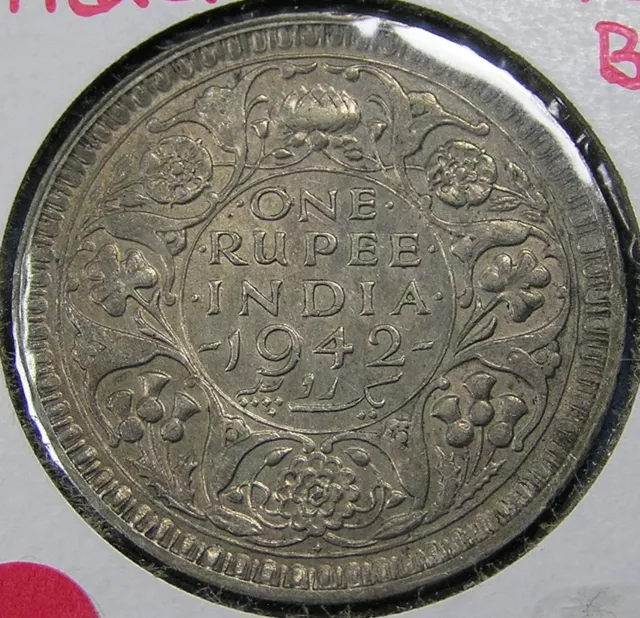 British India 1 Rupee .500 Silver Coin, 1942 (b) Bombay, George VI, KM-557.1