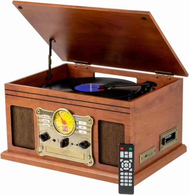 Nostalgic Bluetooth Recording Turntable Music Centre - Vintage Style, USB/SD Car