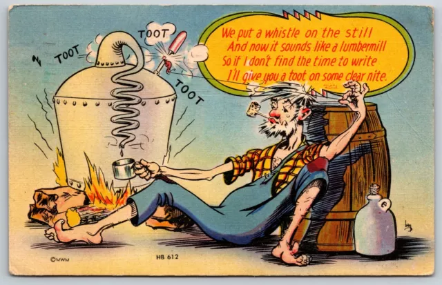 1946 Comic Postcard We Put A Whistle On The Still I'll Give You A Toot