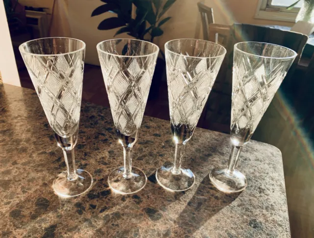 Vintage Champagne Glasses Genuine Fine Hand Cut 24% Lead Crystal 4 oz Set of 4