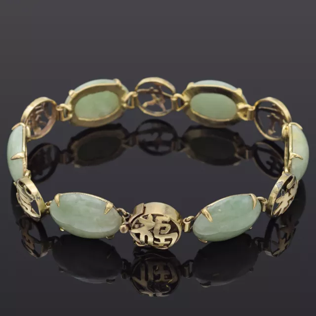 Vintage 14K Yellow Gold Green Jade Chinese Characters Oval Link Bracelet