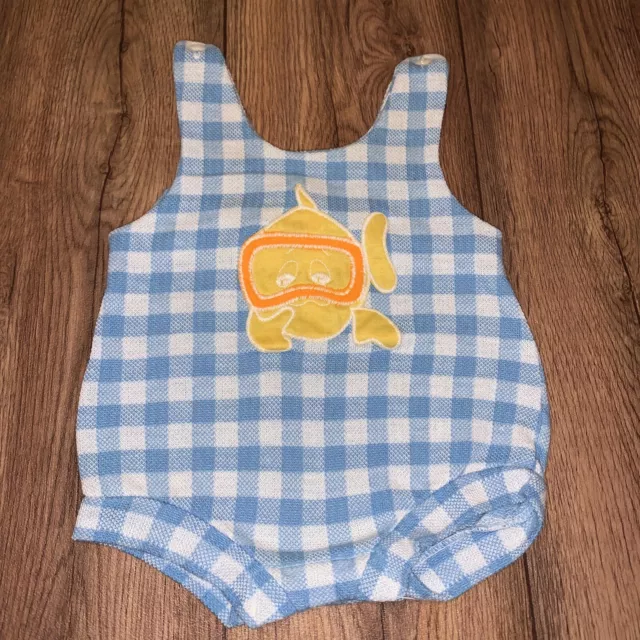 Vintage Carter Baby Infant Boy Knit Shortall Romper 60s Blue Gingham Size 6 M