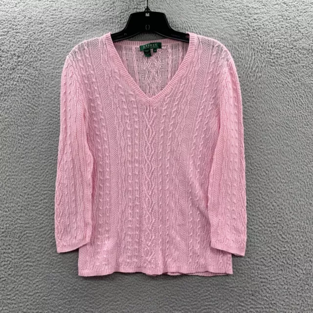 LRL Lauren Ralph Lauren Sweater Womens Medium Cable Knit Linen Pink