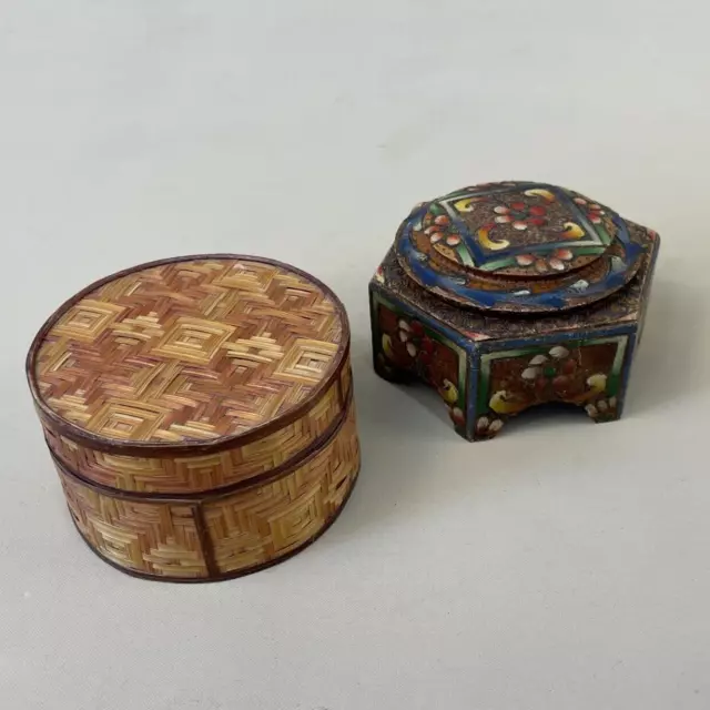 2 Vintage Wooden Boxes Painted Bamboo Antique Trinket Lidded Lid Wood Desk