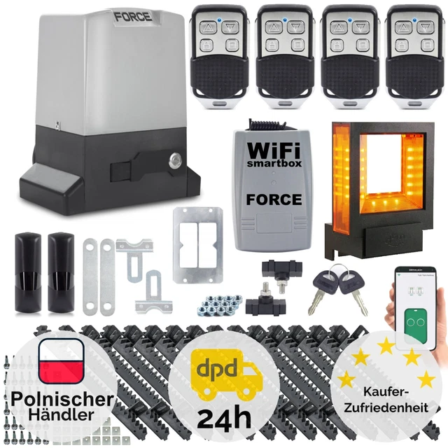 Accionamiento de puerta corredera FORCE 2000 kg completo + 5 m barra de dientes + control WiFi Accionamiento de puerta corredera FORCE 2000 kg completo + 5 m barra de dientes + control WiFi