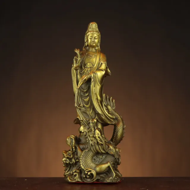 Vintage Brass Imperial Dragon Guanyin Buddha Statue Home Deity Ornament