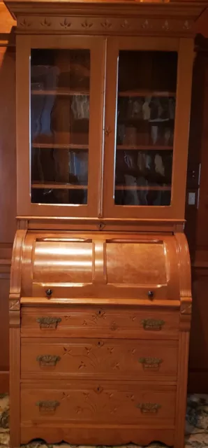 Antique Cherry Secretary Cylinder Roll Top Desk With Bookcase