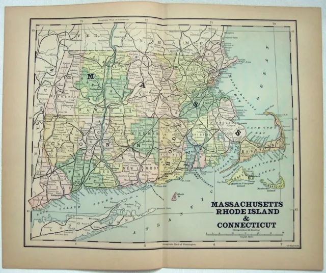 Massachusetts, Connecticut & Rhode Island - Original 1882 Map by Phillips & Hunt