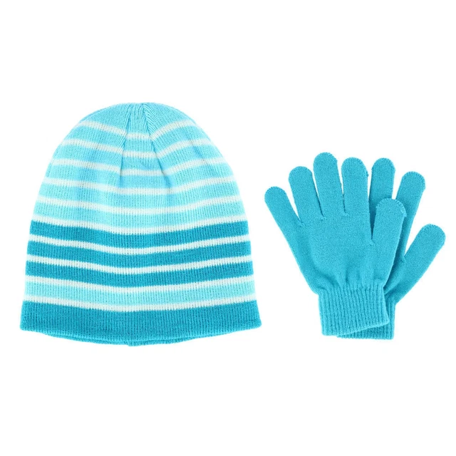 New Grand Sierra Girl's 7-16 Striped Hat and Solid Gloves Winter Set