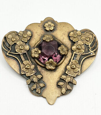 Antique Art Nouveau Purple Glass Flower Floral Sash Pin Brooch