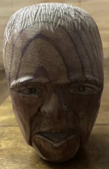 VTG Americana Hand Carved Wooden Creepy Man’s Head Sculpture Statue