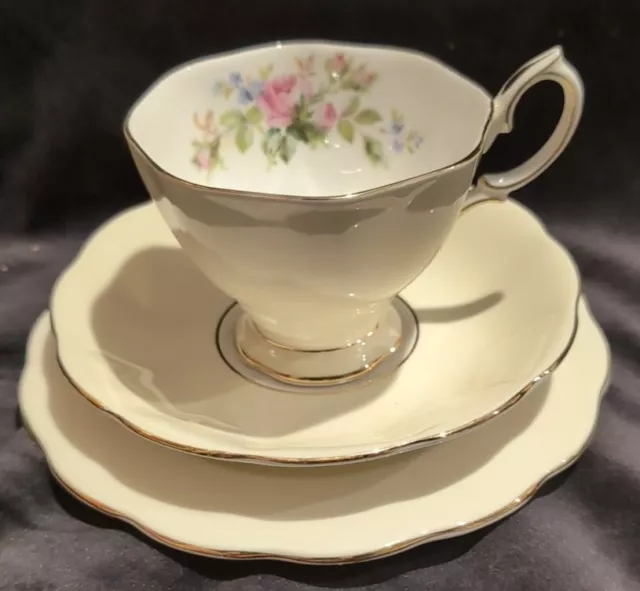 Royal Albert Unnamed Trio. Moss Rose On Pastel Yellow. Malvern Shape. ❤️53.