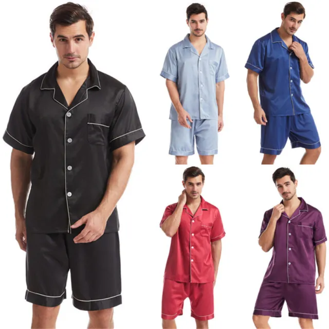 UK Set Mens Satin Silk Pajamas Suit Dressing Gown Summer Pjs Loungewear Pyjama