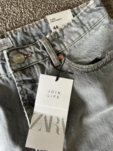 ZARA HIGH RISE Straight Leg Distressed GREY Jeans RAW HEM Size 44