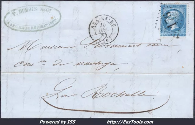 France N°22 Sur Lettre Avec Gc 176 Ars En Ré Charente Inf + Cad Du 20/12/1864