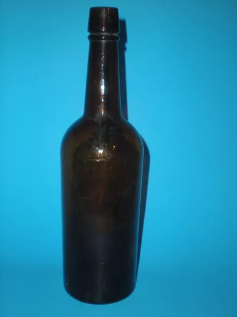 ANTIQUE 3 PIECE MOLD BLACK BROWN GLASS WHISKEY BOTTLE APPLIED TOP 11 1/4'' vtg ANTIQUE 3 PIECE MOLD BLACK BROWN GLASS WHISKEY BOTTLE APPLIED TOP 11 1/4'' vtg