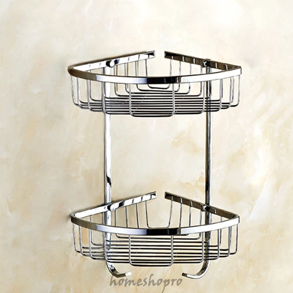 Bathroom Wall Mounted Corner Shelf Solid Brass 2 Tier Shelves Soap Dish Basket