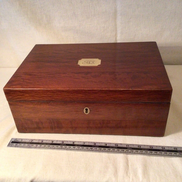 VICTORIAN WOODEN WRITING Slope, Storage Box, With Brass Inlaid Handles