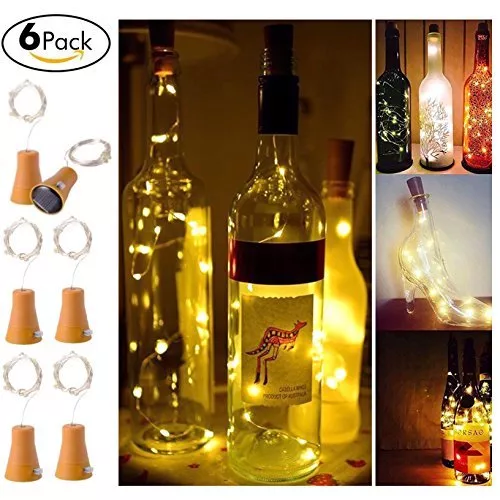 6 Pack Solar Powered Wine Bottle Lights 10 LED Waterproof Warm White Cork Shaped