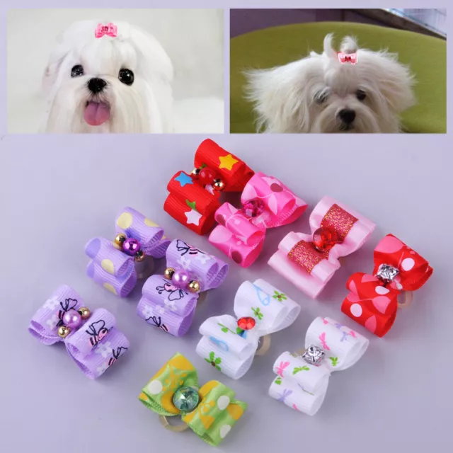 10x Dog Cat Pet Mini Rhinestone Ribbon Hair Bows Rubber Bands Puppy Grooming