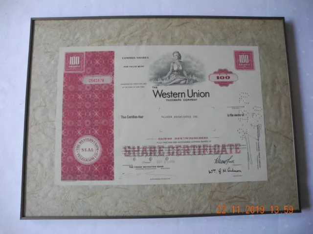 Gerahmte Aktie "The Western Union Telegraph Company" von 1969, siehe Foto